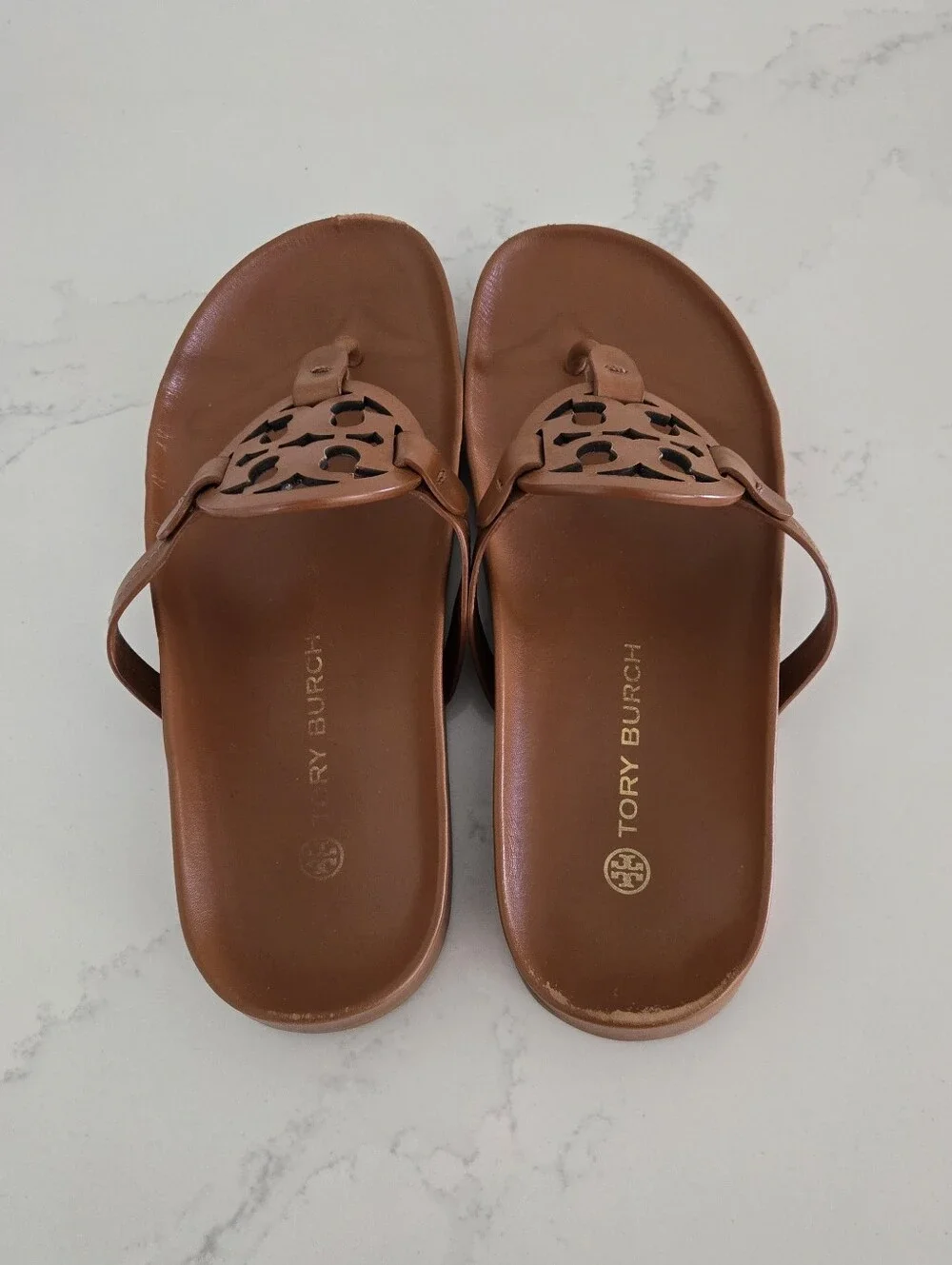 Tory Burch Miller Could Sandals Brown Leather Flat Bourbon Miele Size 10 Womens